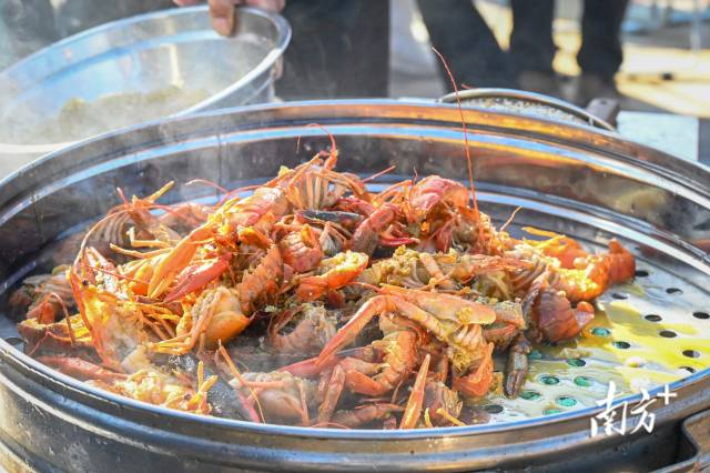 現(xiàn)場開鍋蒸蝦、炒蝦。張曉欣 攝